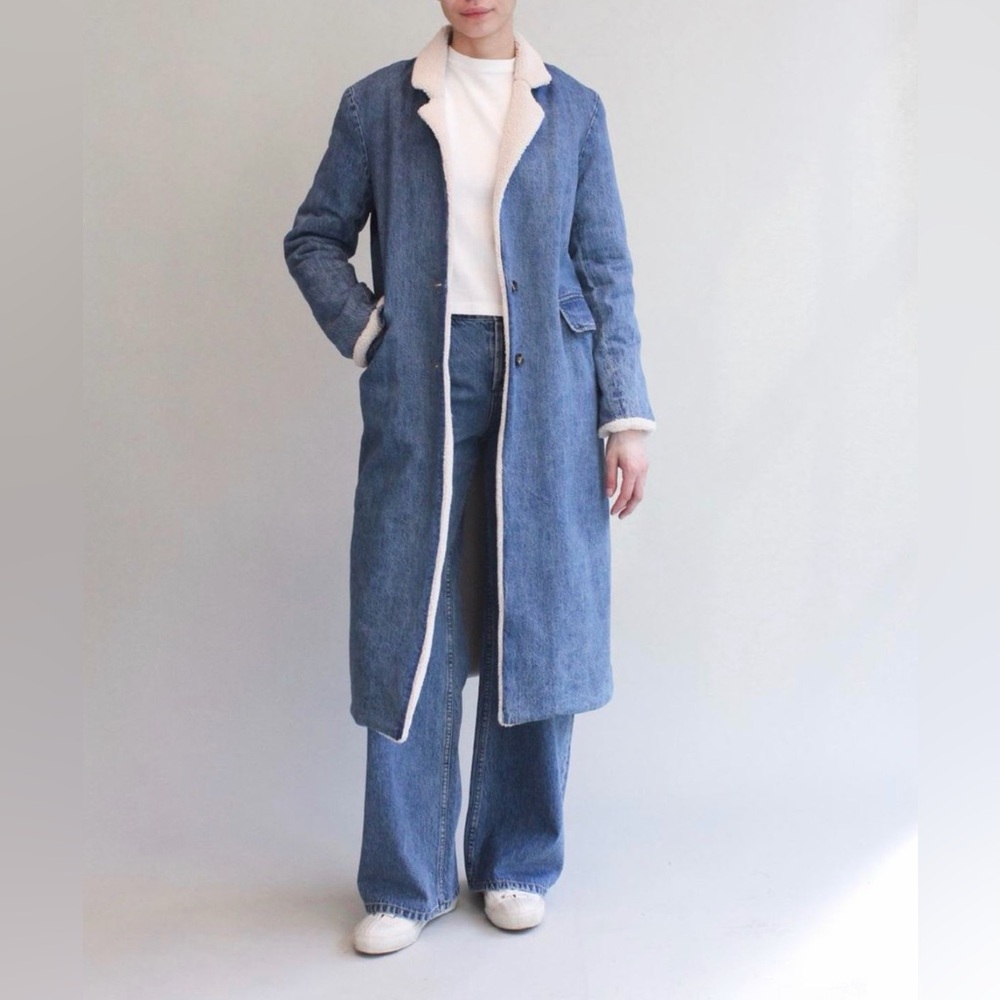 long denim trench coat with a sherpa lining offered by YOEASY